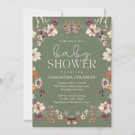 Elegant Script Sage Green Wildflower Baby shower Kaart (Voorkant)