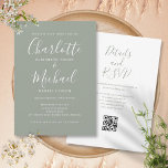 Elegant Script Sage Groen Eenvoudige QR Code Bruil Kaart<br><div class="desc">Deze elegante sage green bruiloft is voorzien van tekenstijlnamen en kan worden gepersonaliseerd met al je speciale trouwdaggegevens op de voorkant,  je trouwwebsite en je QR-code op de achterkant. Ontworpen door: Thisnotme©</div>