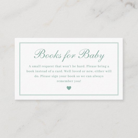 Elegant Script Sage Groene Boeken voor Baby shower Informatiekaartje (Voorkant)