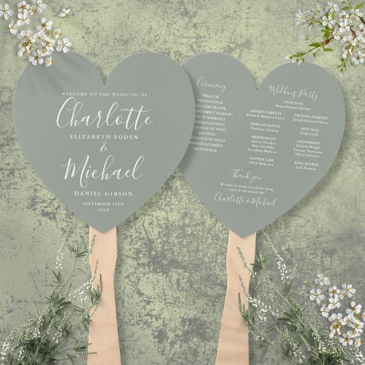 Elegant Script Sage Groene Huwelijksprogramma Hart Handwaaier