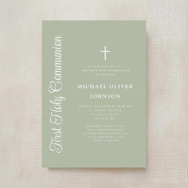 Elegant Script Sage Groene Jongen Eerste Communie Kaart