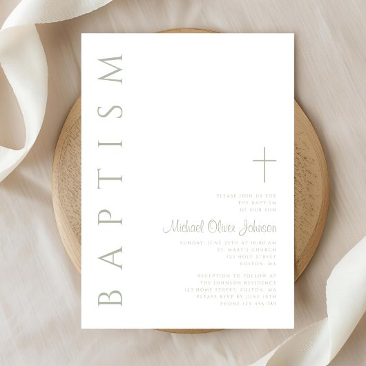 Elegant Script Sage Groene Kruis Doop Kaart