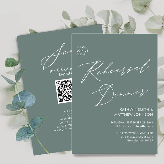 Elegant Script Sage Groene repetitie Diner QR code Kaart