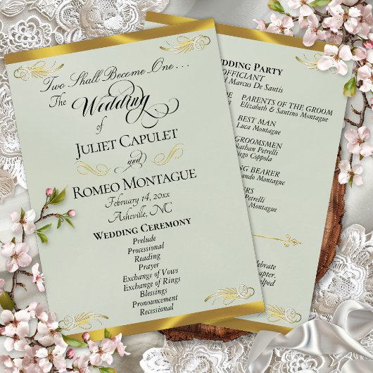 Elegant Script - Salie Parel/Goud Huwelijk Programmakaart