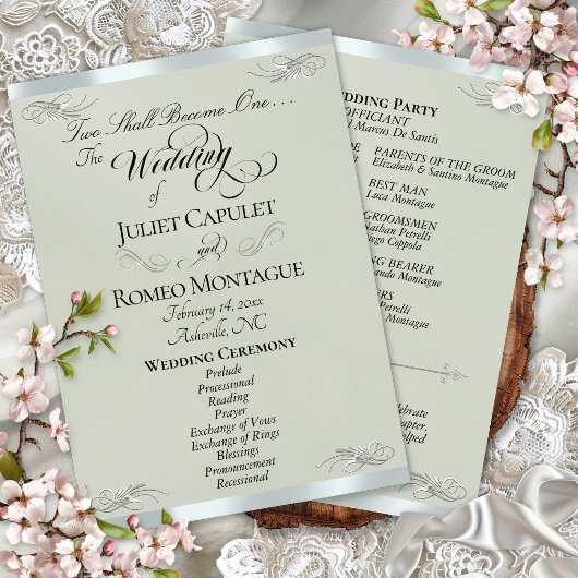 Elegant Script - Salie Parel/Zilveren Bruiloft Programmakaart