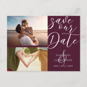 Elegant Script Save Our Date Burgundy Aankondigingskaart