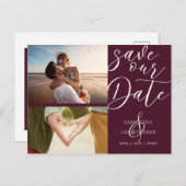 Elegant Script Save Our Date Burgundy Aankondigingskaart (Voorkant / Achterkant)