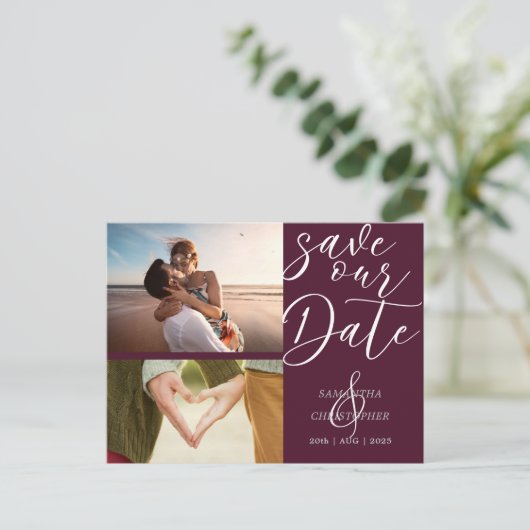 Elegant Script Save Our Date Burgundy Aankondigingskaart (Staand voorkant)