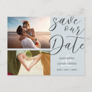 Elegant Script Save Our Date Dusty Blue Photo Aankondigingskaart