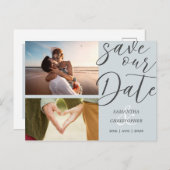 Elegant Script Save Our Date Dusty Blue Photo Aankondigingskaart (Voorkant / Achterkant)