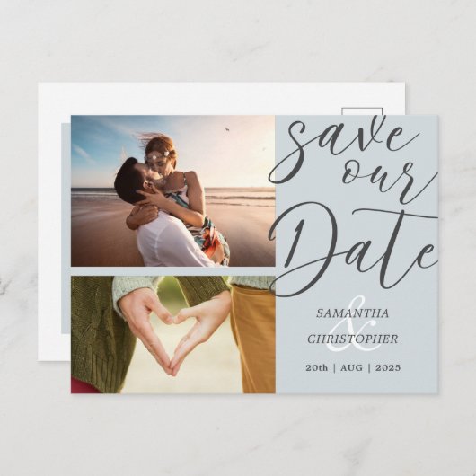 Elegant Script Save Our Date Dusty Blue Photo Aankondigingskaart (Voorkant / Achterkant)