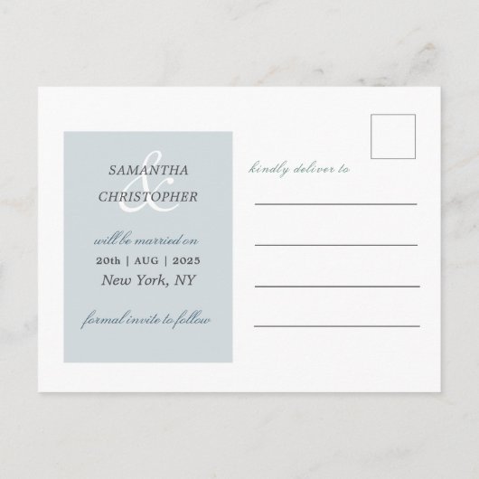 Elegant Script Save Our Date Dusty Blue Photo Aankondigingskaart (Achterkant)