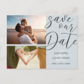 Elegant Script Save Our Date Dusty Blue Photo Aankondigingskaart (Voorkant)
