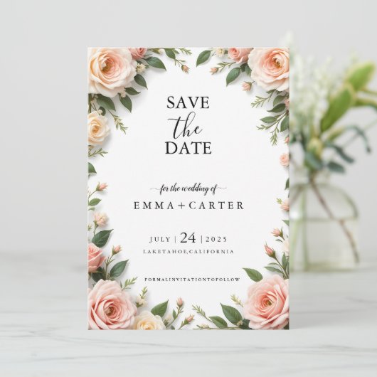 Elegant Script Save the Date met Pastel Roze Rand (Staand voorkant)