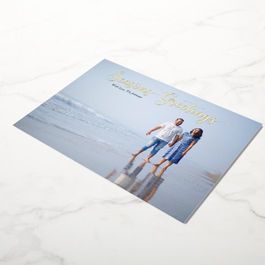 Elegant Script Seizoensgroeten Gepersonaliseerd Folie Feestdagenkaart (Gedraaid)