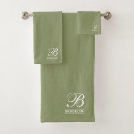 Elegant Script Serif Monogram Sage Green Bad Handdoek