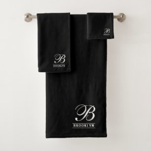 Elegant Script Serif Monogram Zwart Bad Handdoek