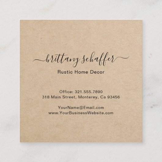 Elegant Script Signature Brown Simple Rustic Vierkante Visitekaartje (Achterkant)
