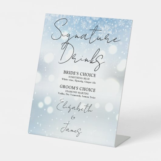 Elegant Script Signature Drink wintersneeuwvlokken Reclamebord Met Voetstuk (Voorkant)