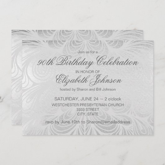 Elegant Script Silver 90th Birthday Uitnodiging (Voorkant / Achterkant)