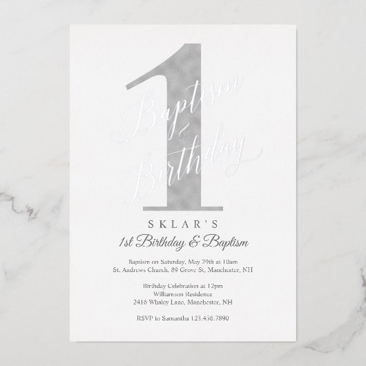 Elegant Script Silver Baby 1st Birthday & Baptisme Folie Uitnodiging (Voorkant)