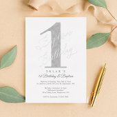 Elegant Script Silver Baby 1st Birthday & Baptisme Folie Uitnodiging