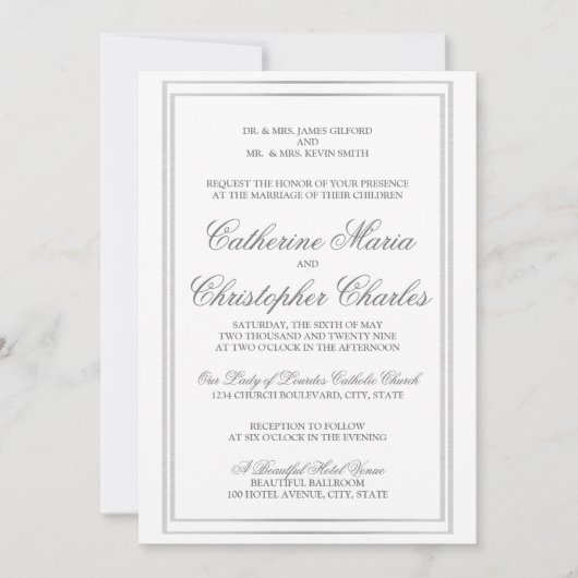Elegant Script Silver Border Wedding Invite Kaart (Voorkant)