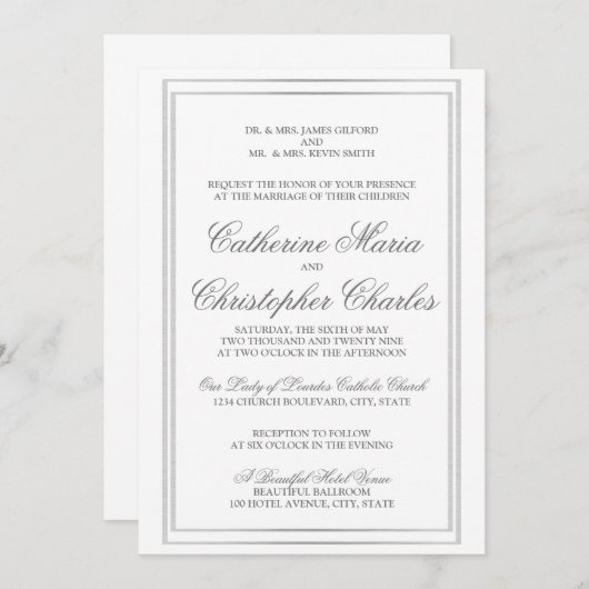 Elegant Script Silver Border Wedding Invite Kaart (Voorkant / Achterkant)