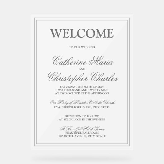 Elegant Script Silver Border Wedding Welkom Acryl Bord (Voorkant)