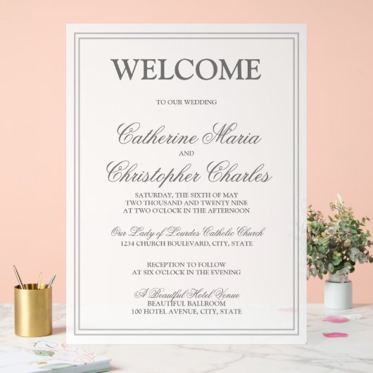 Elegant Script Silver Border Wedding Welkom Acryl Bord (Huwelijk)