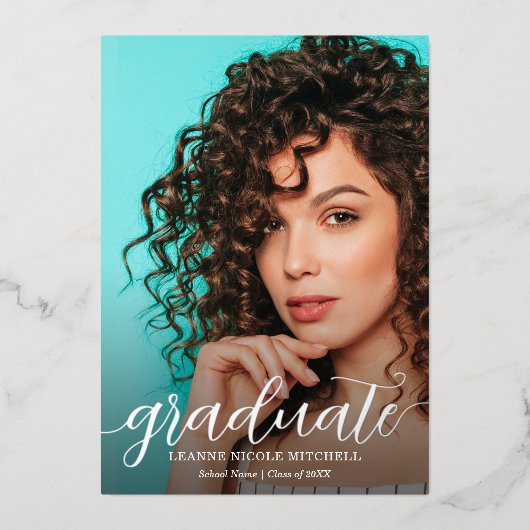 Elegant Script Silver Foil Foto Afstuderen Folie Uitnodiging (Voorkant)