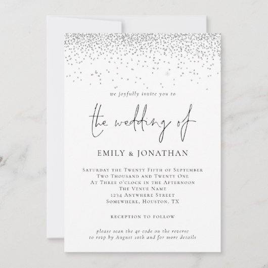 Elegant Script Silver Glitter QR Code Weddenschap Kaart (Voorkant)