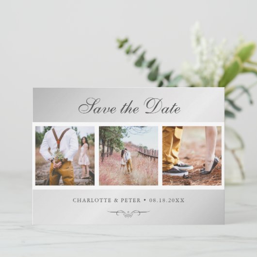 Elegant Script Silver Wedding 3 Foto Save The Date (Staand voorkant)