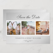 Elegant Script Silver Wedding 3 Foto Save The Date (Voorkant / Achterkant)