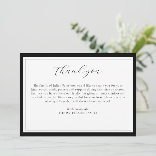 Elegant Script Simple Black Funeral Dank je kaart (Staand voorkant)