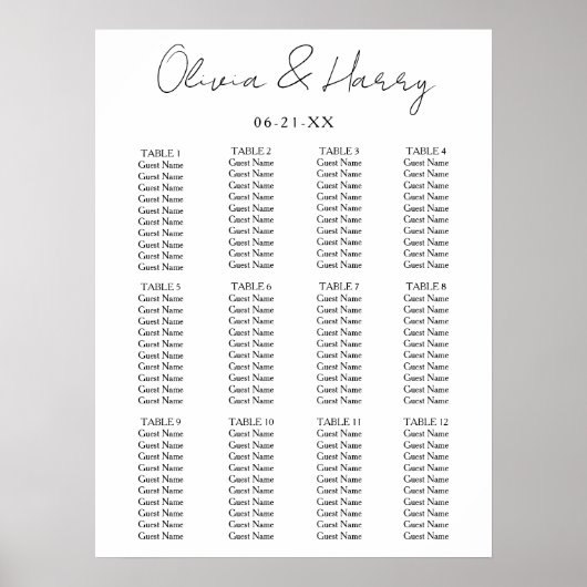 Elegant Script Simple Modern Wedding Seding Chart Poster (Voorkant)