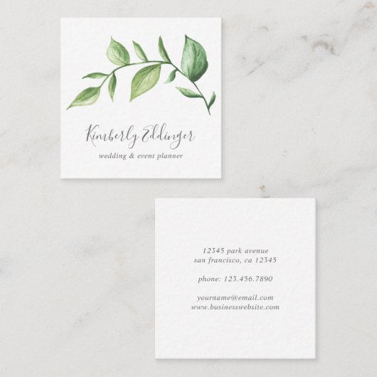 Elegant Script Simple Rustic Greenery Botanical Vierkante Visitekaartje (Voorkant / Achterkant)