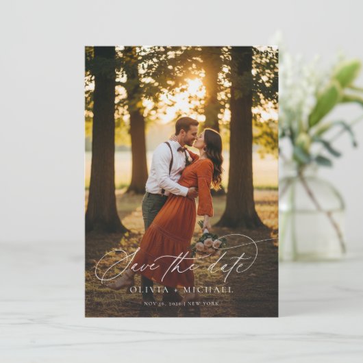 Elegant Script Simple Wedding Photo Save The Date (Staand voorkant)