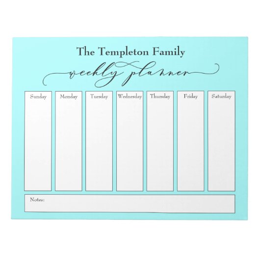 Elegant Script Simple Weekly Planner, Light Aqua Notitieblok (Voorkant)