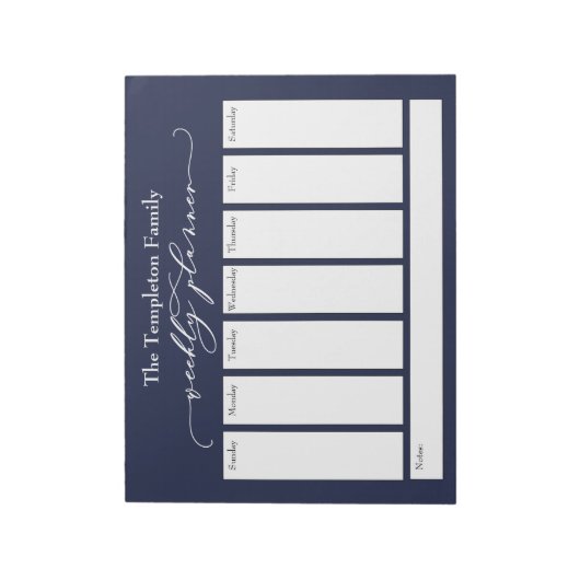 Elegant Script Simple Weekly Planner, Navy Blue Notitieblok (Linkerzijde)