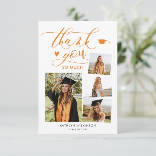 Elegant Script Sinaasappel 4 Foto Afstuderen Harte Kaart (Staand voorkant)