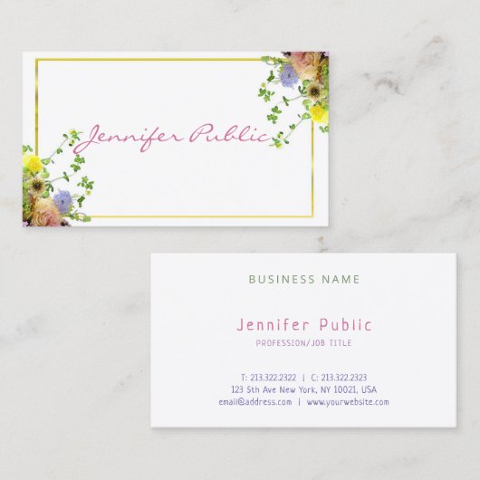 Elegant Script Sjabloon Moderne Waterverf Flowers Visitekaartje (Voorkant / Achterkant)