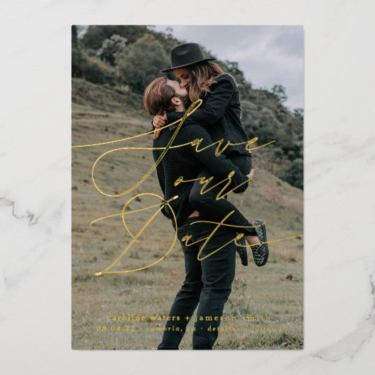 Elegant script slaat de datum op folie uitnodiging (Voorkant)