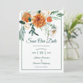 Elegant Script Smaragd Groen Herfst Bloemen Bruilo Save The Date (Staand voorkant)
