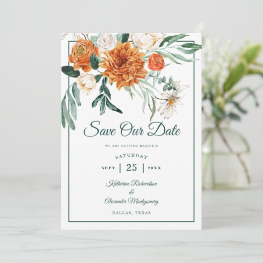 Elegant Script Smaragd Groen Herfst Bloemen Bruilo Save The Date (Staand voorkant)
