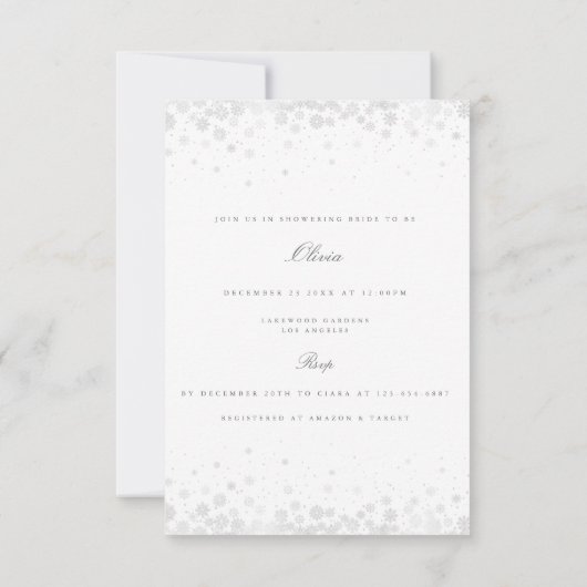 Elegant Script Sneeuwvlokken Bridal Douche Uitnodi Kaart (Achterkant)