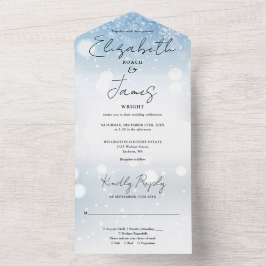 Elegant Script Sneeuwvlokken Winter Bruiloft All In One Uitnodiging (Binnen)