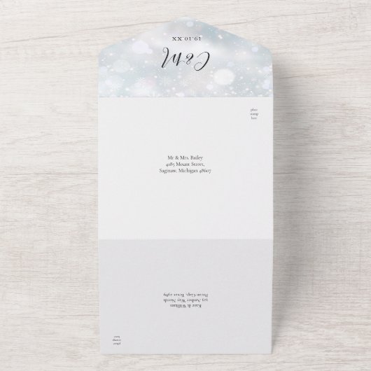 Elegant Script Sneeuwvlokken Winter Bruiloft All In One Uitnodiging (Buitenkant)