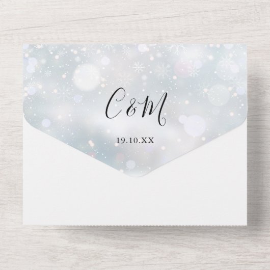 Elegant Script Sneeuwvlokken Winter Bruiloft All In One Uitnodiging (Achterkant)