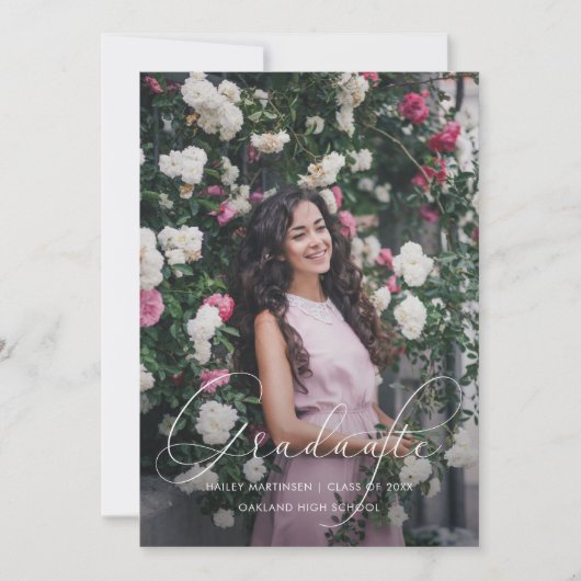 Elegant Script Soft Grey Graduation Party Foto Kaart (Voorkant)